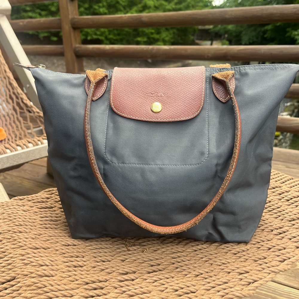 Longchamp Gray and Brown Tote Bag with Classic Design